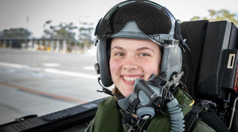 Cadet Under Officer Grace Wilton in the rear seat of a PC-21 aircraft prior to a flight over Adelaide with Aircraft Research and Development Unit pilot Squadron Leader Samuel Da Graca Costa. Story by Flight Lieutenant Georgina MacDonald. Photo by Leading Aircraftman Sam Price.