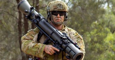 Sergeant Bryan DeVall carries the new M4 Carl-Gustaf 84mm recoilless rifle at the School of Infantry. Photo by Corporal Shane Kelly.