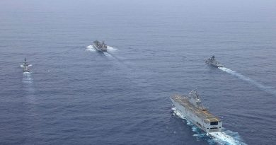 HMA Ships Anzac and Sirius sail in-company with French Navy ships FS Tonnerre and FS Surcouf of the Jeanne d'Arc Task Group during a transit of the South China Sea. Story by Lieutenant Geoff Long. Photo by Leading Seaman Sam Greenland.