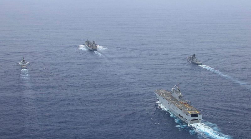 HMA Ships Anzac and Sirius sail in-company with French Navy ships FS Tonnerre and FS Surcouf of the Jeanne d'Arc Task Group during a transit of the South China Sea. Story by Lieutenant Geoff Long. Photo by Leading Seaman Sam Greenland.
