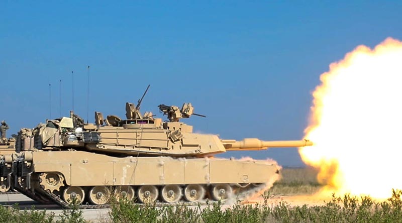 A US Army 1st Cavalry Division Abrams M1A2 SEPv3 sends its first round downrange at Fort Hood, Texas. Photo by Sergeant Calab Franklin.