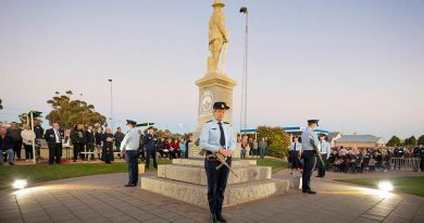 Members of No. 83 Squadron take part in the catafalque party during the 2021 Anzac Day service held at the Cenotaph, Moonta, SA. Story by Flight Lieutenant Georgina MacDonald. Photo by Leading Aircraftman Stewart Gould