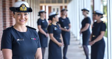 Midshipman Laura Kelly and classmates from the inaugural Maritime Human Recourse Officers Course showcase the Royal Australian Navy's new winter black dress at HMAS Cerberus in Victoria. Photo by Petty Officer James Whittle.