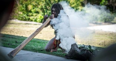 Indigenous representative of the Yuggara and Chepara people Derek Sandy performs a smoking ceremony at Gallipoli Barracks, Brisbane. Photo by Private Jacob Hilton.