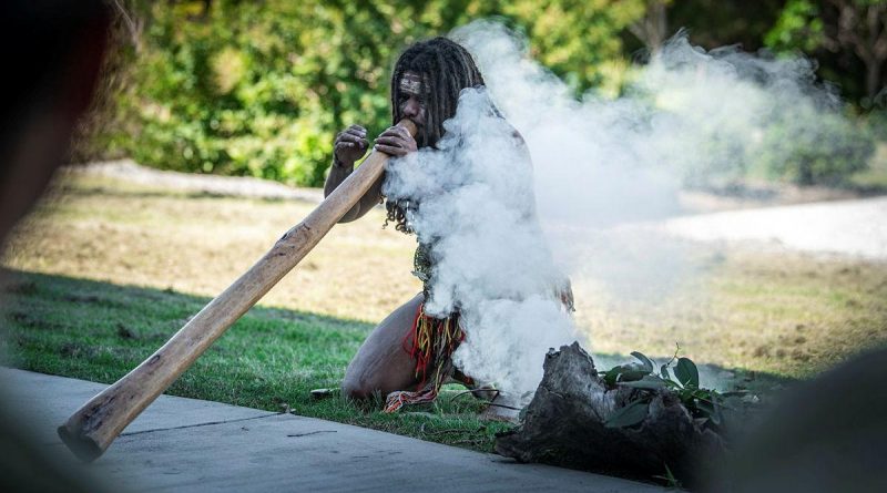 Indigenous representative of the Yuggara and Chepara people Derek Sandy performs a smoking ceremony at Gallipoli Barracks, Brisbane. Photo by Private Jacob Hilton.