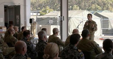 Commander Headquarters 1 Division and Deployable Joint Force Headquarters Major General Jake Ellwood addresses personnel at Exercise Polygon Wood. Story by Captain Michael Trainor.