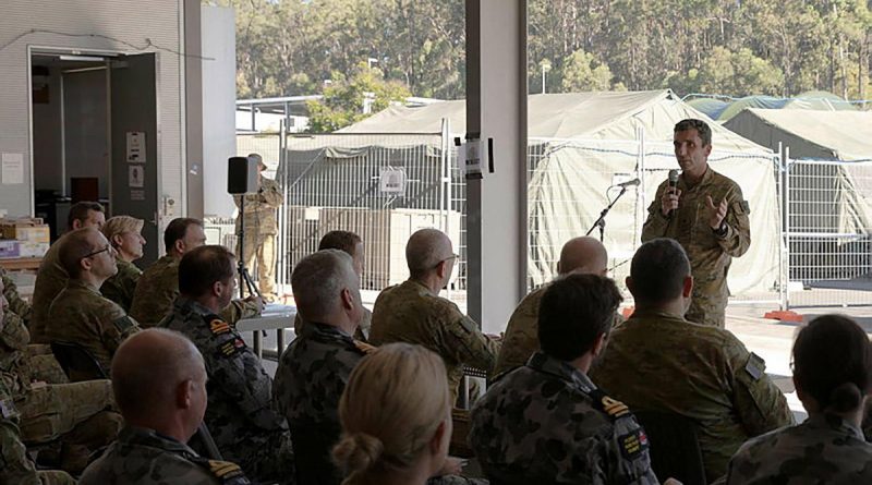 Commander Headquarters 1 Division and Deployable Joint Force Headquarters Major General Jake Ellwood addresses personnel at Exercise Polygon Wood. Story by Captain Michael Trainor.