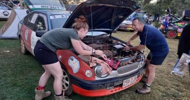 Major Lee Sankey and his daughter, Lydia, make some quick repairs to their vehicle during some down time in the Shitbox Rally.