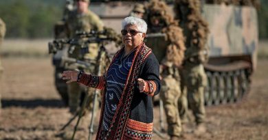 Darumbal Elder Aunty Nicky Hatfield gives a Welcome to Country to soldiers of the 6th Battalion, Royal Australian Regiment, before Exercise Diamond Walk at Shoalwater Bay, Queensland. Story by Captain Jesse Robilliard. Photo by Private Jacob Hilton.