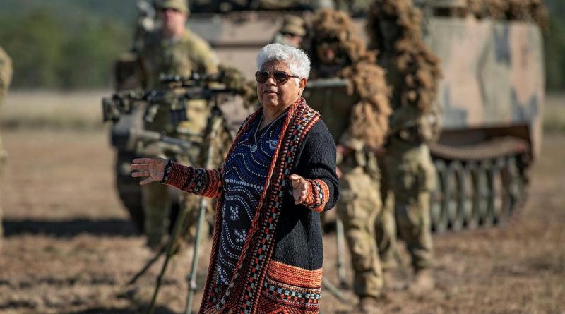 Darumbal Elder Aunty Nicky Hatfield gives a Welcome to Country to soldiers of the 6th Battalion, Royal Australian Regiment, before Exercise Diamond Walk at Shoalwater Bay, Queensland. Story by Captain Jesse Robilliard. Photo by Private Jacob Hilton.