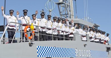 Ship’s company of Royal Solomon Islands Patrol Vessel Taro line the upper deck after boarding their vessel for the first time following a formal handover ceremony at Henderson, WA. Photo by Able Seaman Annabelle Reidy.