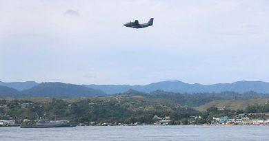 An Air Force C-27J Spartan flies over HMAS Maitland off the coast of Honiara, Solomon Islands, during Operation Solania. Story by Major Anna-Lise Brink. Photo by Seaman Isaiah Appleton.