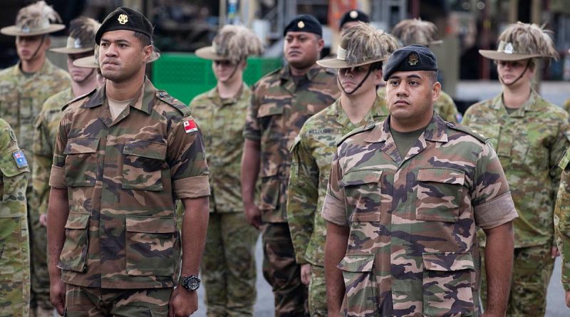Second Lieutenant Sione Kaufononga, front left, and Lieutenant Esafe Vanipola, front right, from His Majesty’s Armed Forces Tonga during the official welcome ceremony at Brisbane. Story by Captain Taylor Lynch. Photo by Corporal Nicole Dorrett.