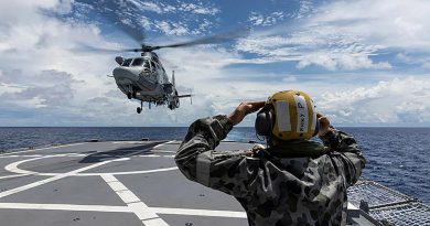 A French Navy helicopter from FS Tonnerre approaches HMAS Parramatta as the two ships sail together in the South China Sea. Story and photo by Leading Seaman Jarrod Mulvihill.