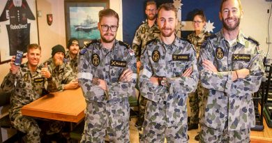 HMAS Ballarat's Quality of Life administration team Able Seaman Adam Ballintijn, front left, Leading Seaman Reece Sturges and Leading Seaman Liam Anderson in the ship's junior sailors’ cafe. Story by Lieutenant Gary McHugh. Photo by Leading Seaman Ernesto Sanchez.