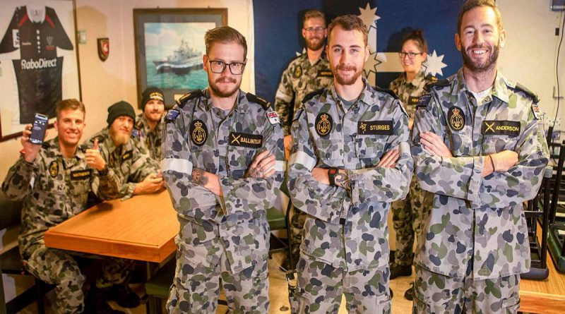 HMAS Ballarat's Quality of Life administration team Able Seaman Adam Ballintijn, front left, Leading Seaman Reece Sturges and Leading Seaman Liam Anderson in the ship's junior sailors’ cafe. Story by Lieutenant Gary McHugh. Photo by Leading Seaman Ernesto Sanchez.