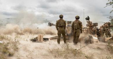 Australian Army soldiers from the 4th Regiment, Royal Australian Artillery, fire an M777 Howitzer during a fire mission on Exercise Chau Pha at Townsville Field Training Area on 22 May 2021. Story by Captain Lily Charles. Photo by Corporal Sagi Biderman.