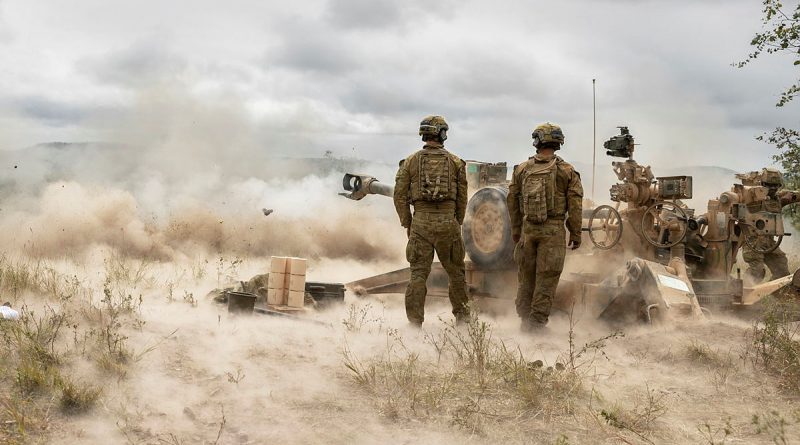 Australian Army soldiers from the 4th Regiment, Royal Australian Artillery, fire an M777 Howitzer during a fire mission on Exercise Chau Pha at Townsville Field Training Area on 22 May 2021. Story by Captain Lily Charles. Photo by Corporal Sagi Biderman.