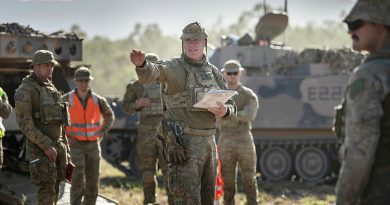 Australian Army Warrant Officer Class Two Matt Watt (centre) from the 2nd/14th Light Horse Regiment, (Queensland Mounted Infantry) gives a safety brief before a live-fire offensive operation serial featuring soldiers from the 6th Battalion Royal Australian Regiment and the 2nd Combat Engineer Regiment during Exercise Diamond Walk at Shoalwater Bay, Queensland. Story by Captain Jesse Robilliard. Photo by Private Jacob Hilton.