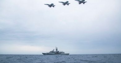 Three United States Navy EA-18G Growlers from VAQ-132 Squadron in formation over HMAS Ballarat in a Cooperative Activity during the ship's Regional Presence Deployment. Story by Lieutenant Gary McHugh. Photo by Leading Seaman Ernesto Sanchez.