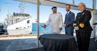 Commanding Officer Superintendent Tom Redfern cuts the ribbon for RKS Teanoai II accompanied by Stirling MP Vince Connelly and Navy’s Head of Maritime Systems Rear Admiral Wendy Malcolm. Photo by Leading Seaman Richard Cordell.