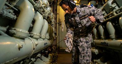 Able Seaman Avin Kulathum Meethal checks engine oil levels in the machinery space on board HMAS Ballarat during a Regional Presence Deployment. Story by Lieutenant Gary McHugh. Photo by Leading Seaman Ernesto Sanchez.