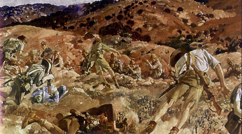 The Charge of the 3rd Light Horse Brigade at the New 7 August 1915. Painting (cropped) by George Lambert, 1924.