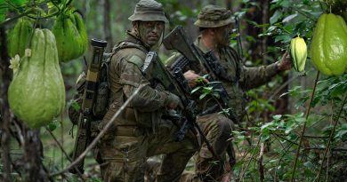 Australian Army Private Sam Randall and Corporal James Milne from the 8th/9th Battalion, Royal Australian Regiment on Exercise Wolf Crawl, at the Canungra Field Training Area, Queensland. Base photo by Private Jacob Hilton. Digitally added to by CONTACT.