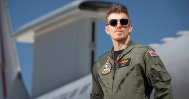 RAF Flight Lieutenant Chris Tomlinson, RAF exchange, E-7A Aircraft Captain with No. 2 Squadron during Exercise Arnhem Thunder. Story by Flight Lieutenant Robert Cochran. Photo by Leading Aircraftman Stewart Gould.