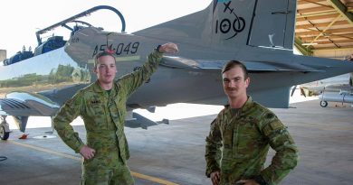 Gunners Liam Finner, left, and Jesse-Jon Thamm, of the 8th/12th Regiment, RAA, stand next to a Pilatus PC-21 from No. 4 Squadron during Exercise Thor's Run. Story by Major Ben Green. Photo by Captain Carla Armenti.