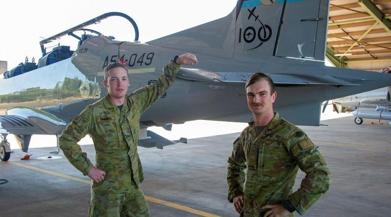 Gunners Liam Finner, left, and Jesse-Jon Thamm, of the 8th/12th Regiment, RAA, stand next to a Pilatus PC-21 from No. 4 Squadron during Exercise Thor's Run. Story by Major Ben Green. Photo by Captain Carla Armenti.