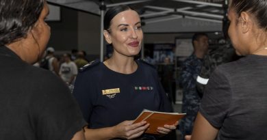 Defence Force Recruiting specialist, Sergeant Donna Hayes talks with two women about a career in the Defence Force during the Women in Defence Careers Expo. Story and photo by Jacob Joseph.