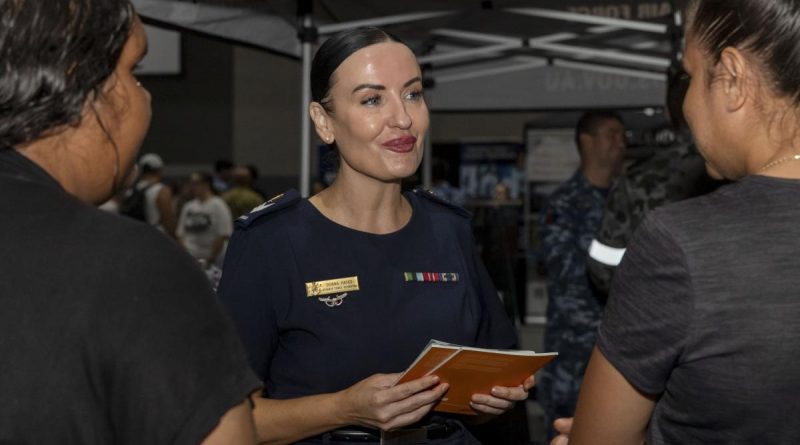 Defence Force Recruiting specialist, Sergeant Donna Hayes talks with two women about a career in the Defence Force during the Women in Defence Careers Expo. Story and photo by Jacob Joseph.