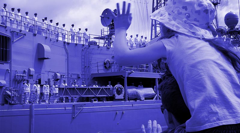 Families wave goodbye as HMAS Melbourne departs Sydney for a Middle East deployment in 2012. RAN photo.