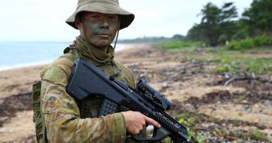 Australian Army soldier and cargo specialist Private Harry Ramsay stands at Cowley Beach, Queensland, during Exercise Sea Explorer. Story and photo by Warrant Officer Class 2 Max Bree.