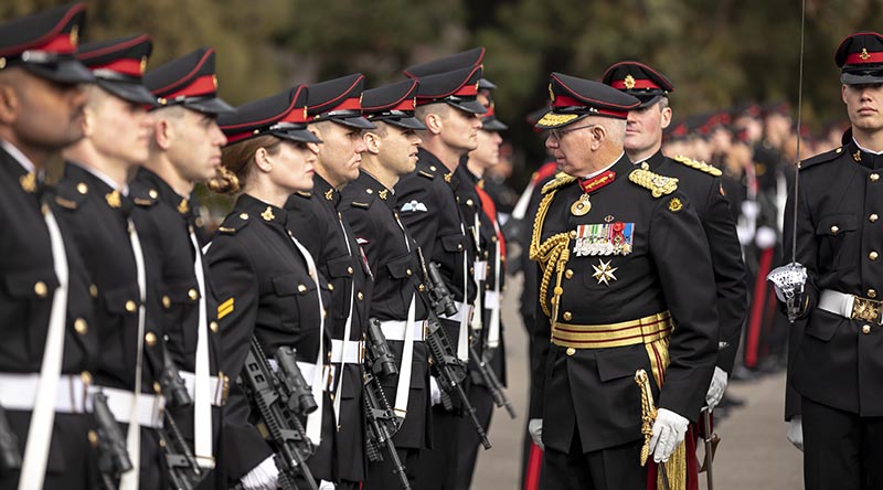 Governor-General General (Retd) David Hurley inspects the Corps of Staff Cadets during the Trooping of the Queen's Colour parade at the Royal Military College - Duntroon, Canberra. Photo by Lauren Larking.