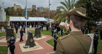 Musician Will Madden plays the Last post at the 79th Anniversary Commemoration Ceremony of Bomber Command held at the Air Force Memorial, Torrens Parade Ground in Adelaide. Story by Flight Lieutenant Jessica Aldred. Photo by Sergeant Murray Staff.