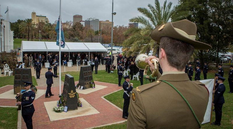 Musician Will Madden plays the Last post at the 79th Anniversary Commemoration Ceremony of Bomber Command held at the Air Force Memorial, Torrens Parade Ground in Adelaide. Story by Flight Lieutenant Jessica Aldred. Photo by Sergeant Murray Staff.