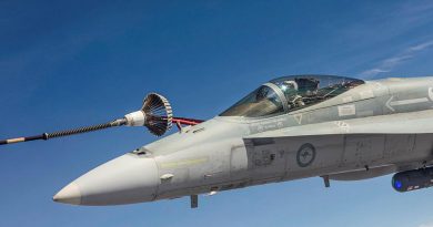 F/A-18A Hornet A21-008 refuels in the air over the Northern Territory during Exercise Arnhem Thunder. Story by Flight Lieutenant Robert Cochran. Photo by Leading Aircraftman Stewart Gould.
