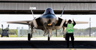 A pilot is marshalled in after completing his first flight in an F-35A Lightning II during the Operational Conversion course at RAAF Base Williamtown. Photo by Sergeant Guy Young.