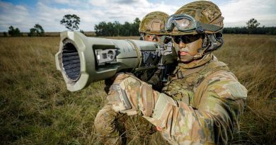 Airfield defence guards Leading Aircraftman Jarryd May, right, and Leading Aircraftwoman Tekaisha Davies from No. 1 Security Forces Squadron prepare to fire the 84mm Carl Gustav at the Singleton Military Training Area. Story by Squadron Leader Bettina Mears. Photo by Corporal Craig Barrett.