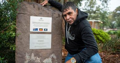 Elder Uncle Ringo Terrick, of the Wurundjeri people, next to the Acknowledgement of Country plaque at Simpson Barracks, Melbourne. Story by Captain Kristen Cleland. Photo by Private Michael Currie.