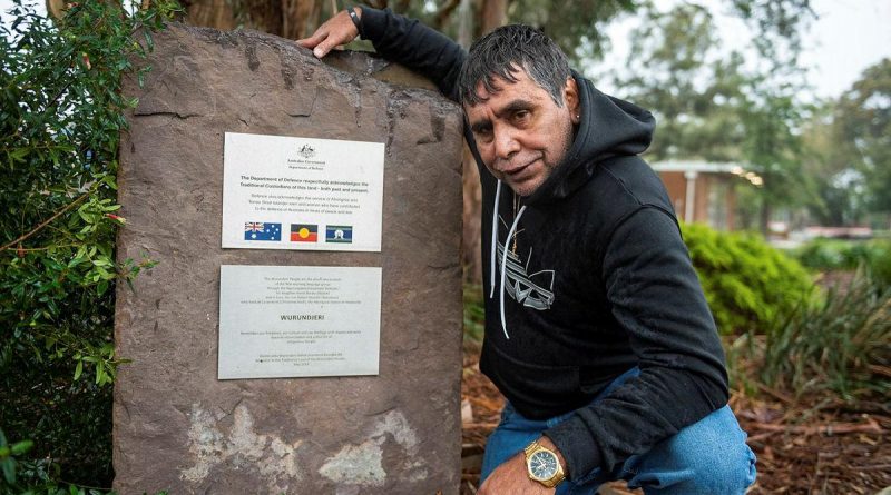 Elder Uncle Ringo Terrick, of the Wurundjeri people, next to the Acknowledgement of Country plaque at Simpson Barracks, Melbourne. Story by Captain Kristen Cleland. Photo by Private Michael Currie.