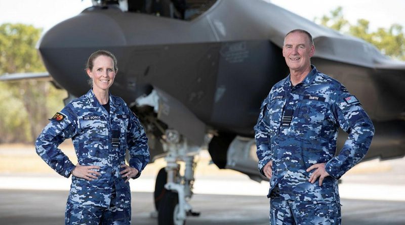 Senior Australian Defence Force Officer of RAAF Base Tindal Wing Commander Shane Smith, right, with Air Base Executive Officer, Squadron Leader Lauren Guest and the F-35A Lightning II at Tindal. Story by Flight Lieutenant Robert Cochran. Photo by Leading Aircraftman Stewart Gould.