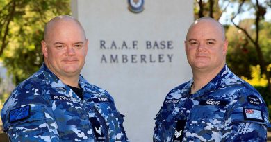 Sergeant Ron Koenig, left, from No. 285 Squadron with his twin brother Sergeant Greg Koenig from Heavy Air Lift Systems Program Office. Story by Flight Lieutenant Clarice Hurren. Photo by Corporal Brett Sherriff.