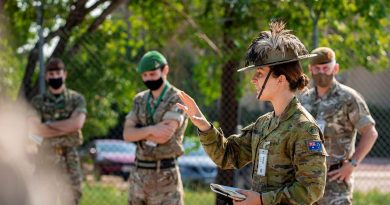 Captain Charlotte Hargreaves, of the 7th Combat Brigade, gives orders to members from the Australian Army, US Army and Canadian Armed Forces during the Joint Warfighting Assessment 2021 at Fort Carson, Colorado. Story by Captain Taylor Lynch. Photo: Corporal Nicole Dorrett.