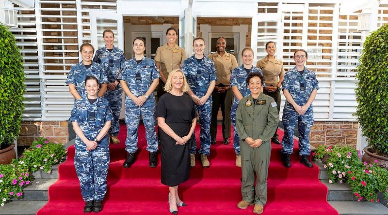 Administrator of the Northern Territory Vicki O'Halloran, front, centre, with Exercise Arnhem Thunder 21 participants and members of Marine Rotational Force – Darwin at Government House in Darwin. Story by Flight Lieutenant Robert Cochran. Photo by Leading Aircraftman Stewart Gould.