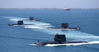 Collins-class submarines HMA Ships Collins, Farncomb, Dechaineux and Sheean in formation while transiting through Cockburn Sound, Western Australia. Story by Warrant Officer Class Two Max Bree. Photo by Lieutenant Chris Prescott.