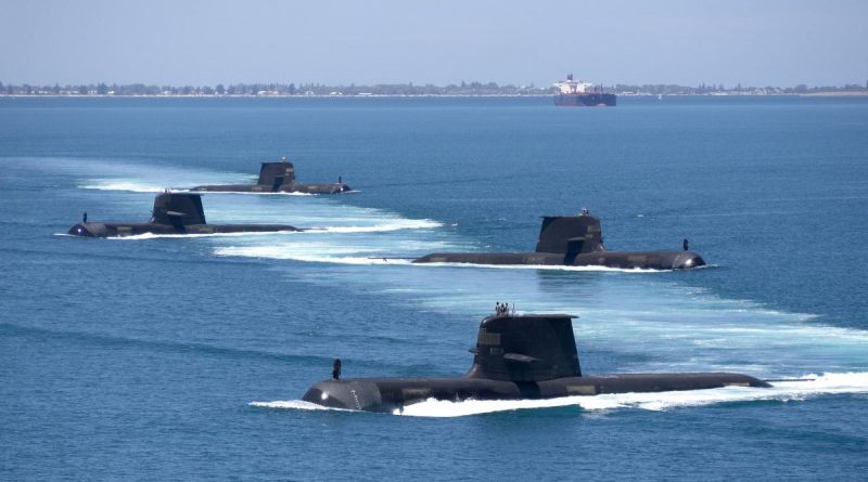 Collins-class submarines HMA Ships Collins, Farncomb, Dechaineux and Sheean in formation while transiting through Cockburn Sound, Western Australia. Story by Warrant Officer Class Two Max Bree. Photo by Lieutenant Chris Prescott.