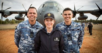 Wing Commander Jonathan Lilley (left), Flight Lieutenant (FLTLT) Grace Casey-Maughan (centre) and FLTLT Tjapukai Shaw join members from No. 37 Squadron in Gilgandra, as part of an Indigenous community engagement visit. Story by Pilot Officer Olivia Tiele. Photo by Corporal Casey Forster.